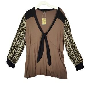 Suzanne Betro Leopard Sleeve Tie-Front Blouse Top Brown Black‎ Women Size 3X